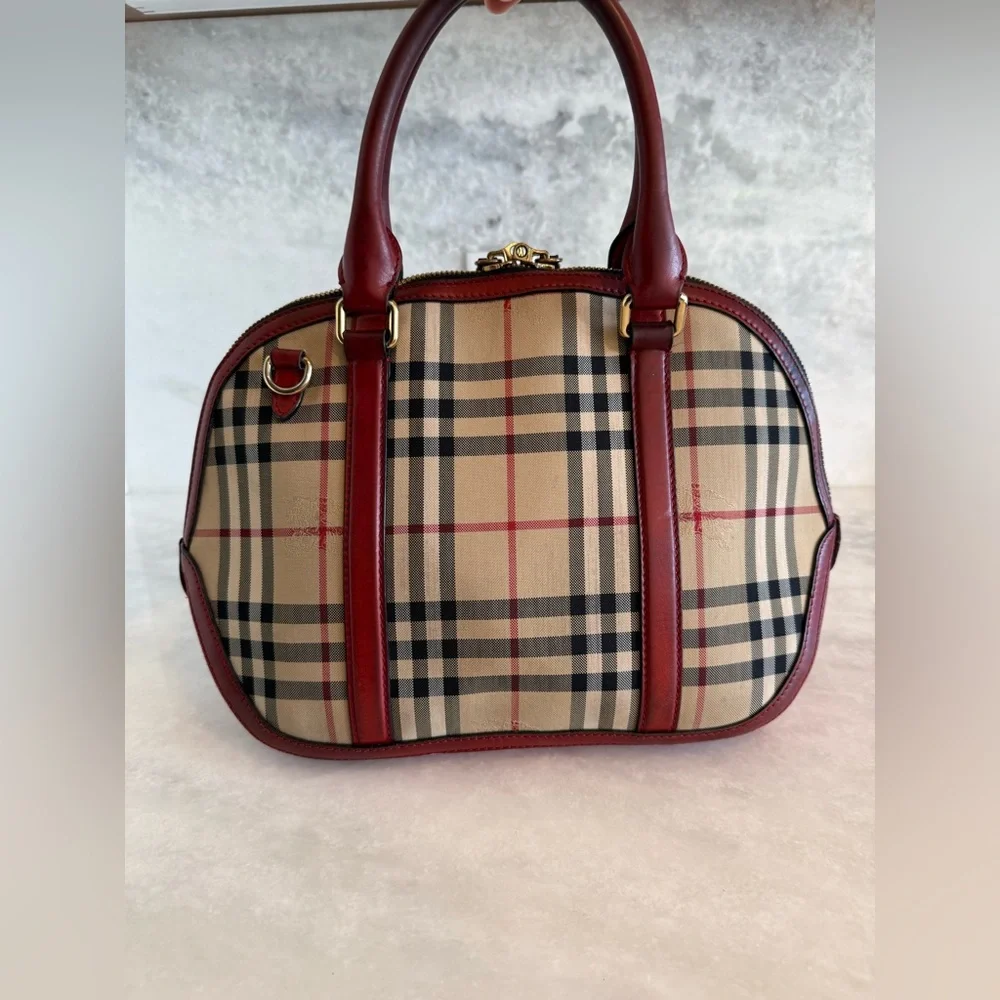 BURBERRY Vintage Haymarket Check Satchel with Red Leather Trim Handbag - Picture 6 of 17